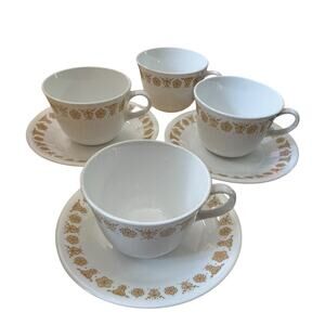 VTG Corelle Corning Gold Butterfly Livingware Coffee Tea Cup (4) Saucer (3)